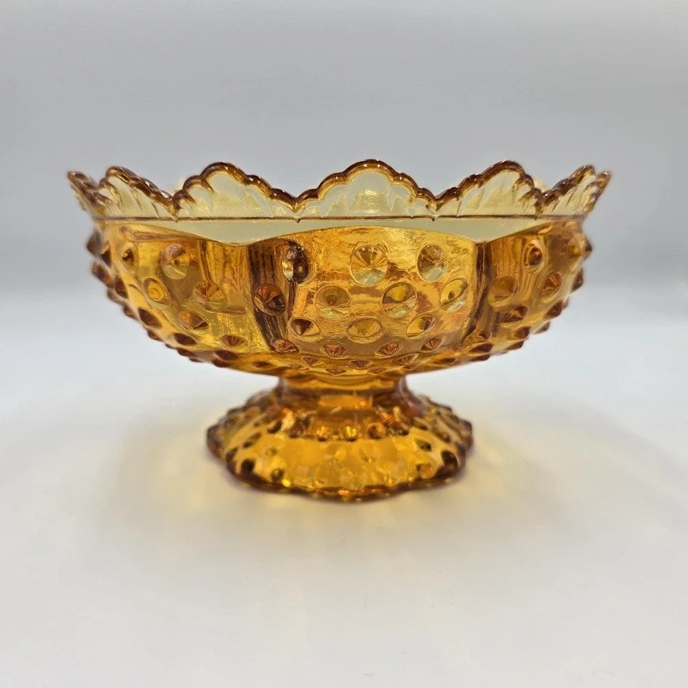 VTG Fenton Amber Hobnail Footed Glass Candle Holder Bowl Pat 3547569 MCM